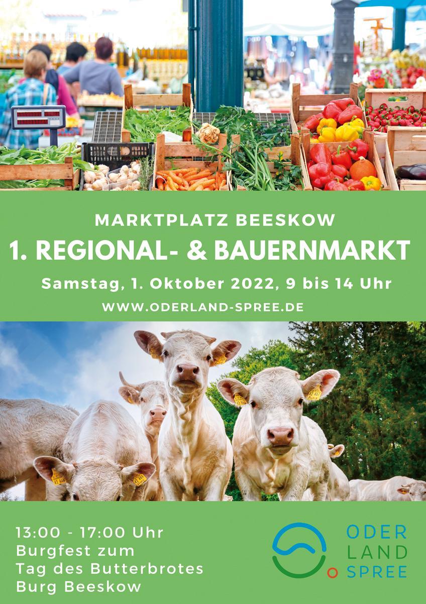 Poster des Regional- und Bauernmarktes mit einem Gemüse-Marktstand und Kühen auf einer Weide