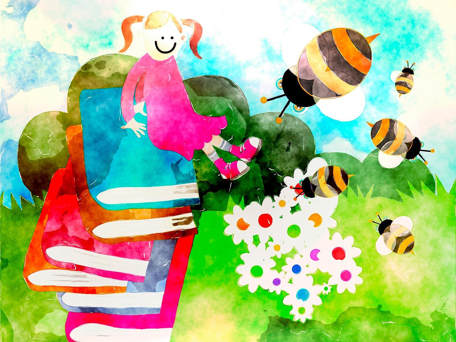 Ilustracja przedstawiająca dziewczynkę siedzącą na stosie książek na łące, wokół której latają pszczoły © Prawny/Pixabay