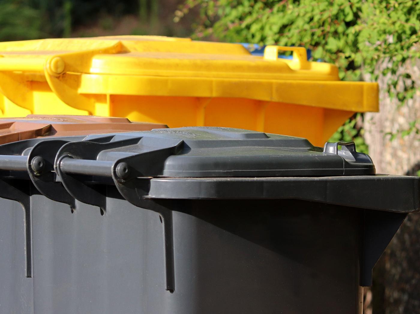 Gelbe und dunkelgraue Mülltonnen stehen hintereinander © Manfred Richter/Pixabay