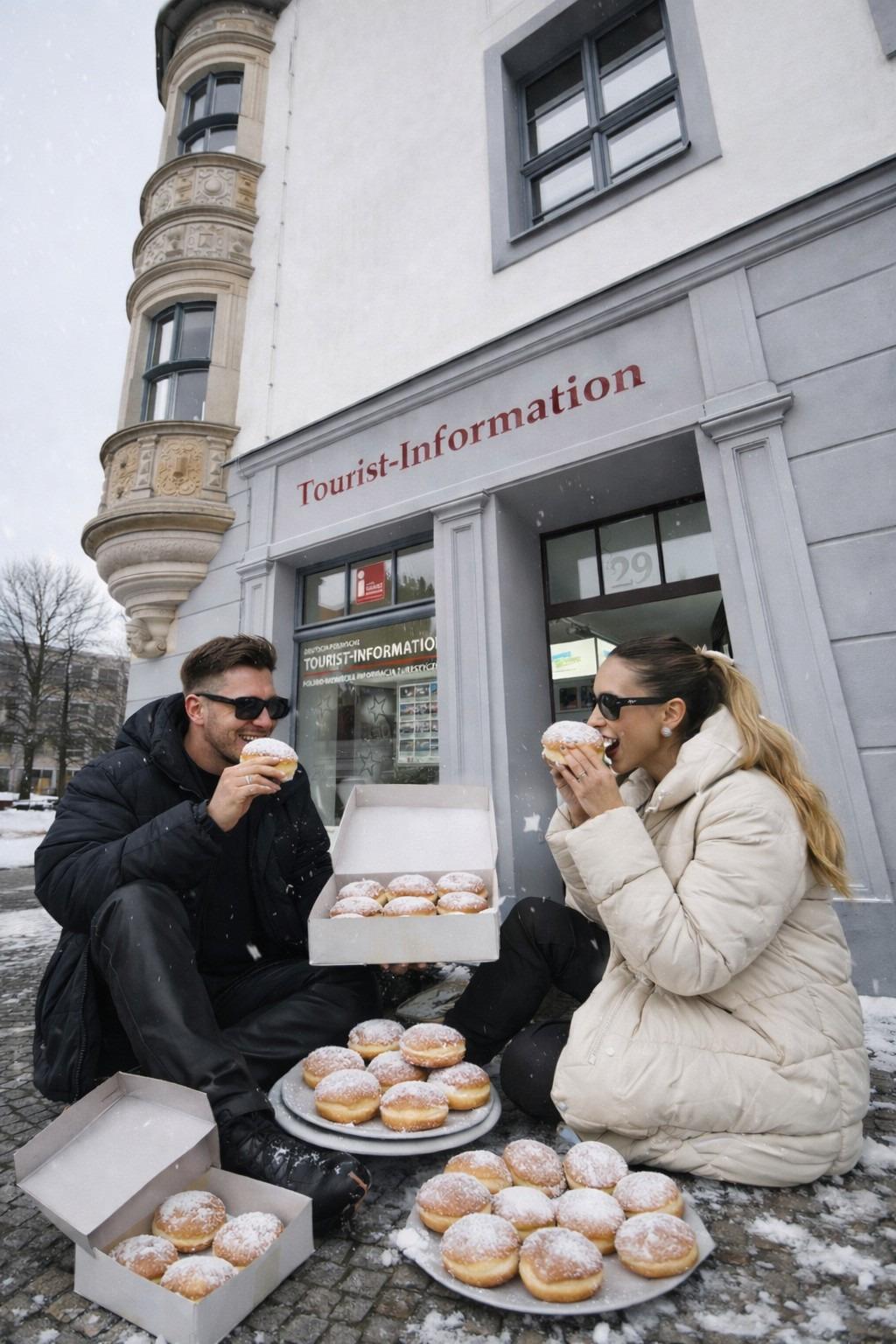Pfannkuchenessen vor der Tourist-Information Frankfurt (Oder)