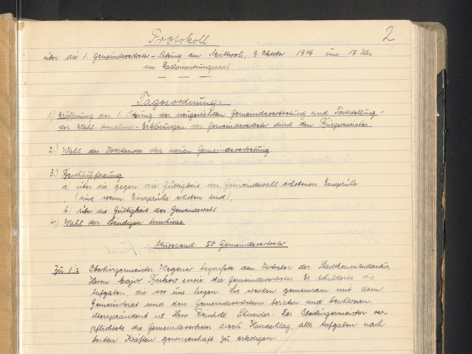 Protokół z pierwszego posiedzenia przedstawicieli władz miejskich w dniu 9 października 1946 r., StAFF 2-121 Fol. 500 s. 2 © Stadtarchiv Frankfurt (Oder)