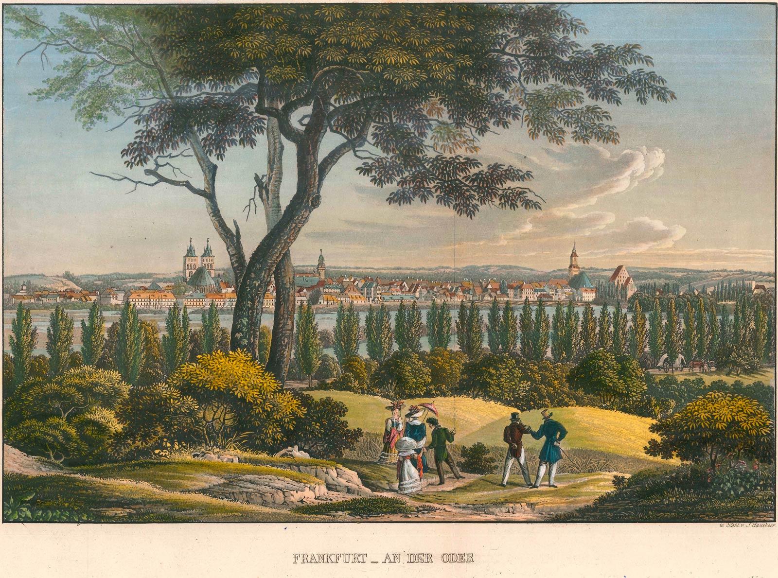 Kolorierter Stahlstich der Stadt Frankfurt (Oder) © Dr. Sonja Michaels