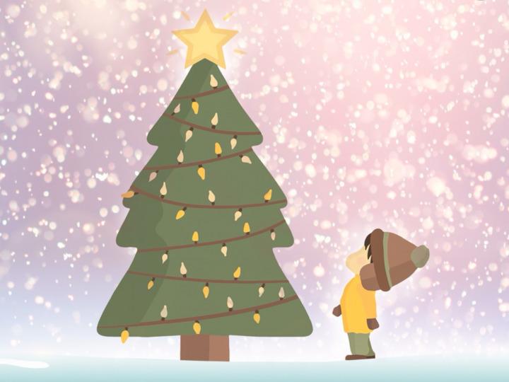 Illustration eines Weihnachtsbaums mit kleinem Kind und Schneeflocken © Enrique/Pixabay