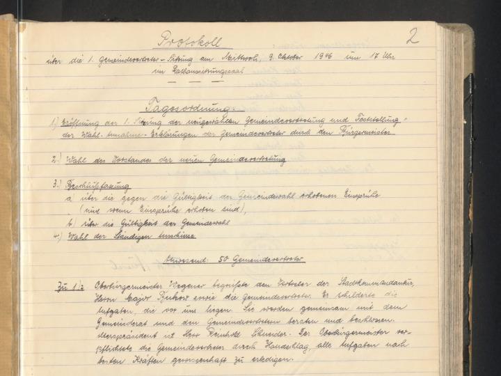 Protokół z pierwszego posiedzenia przedstawicieli władz miejskich w dniu 9 października 1946 r., StAFF 2-121 Fol. 500 s. 2 © Stadtarchiv Frankfurt (Oder)