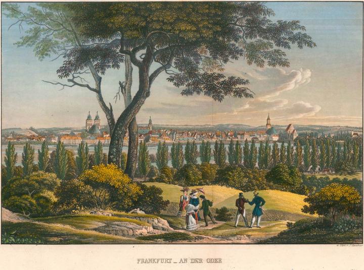 Kolorierter Stahlstich der Stadt Frankfurt (Oder) © Dr. Sonja Michaels